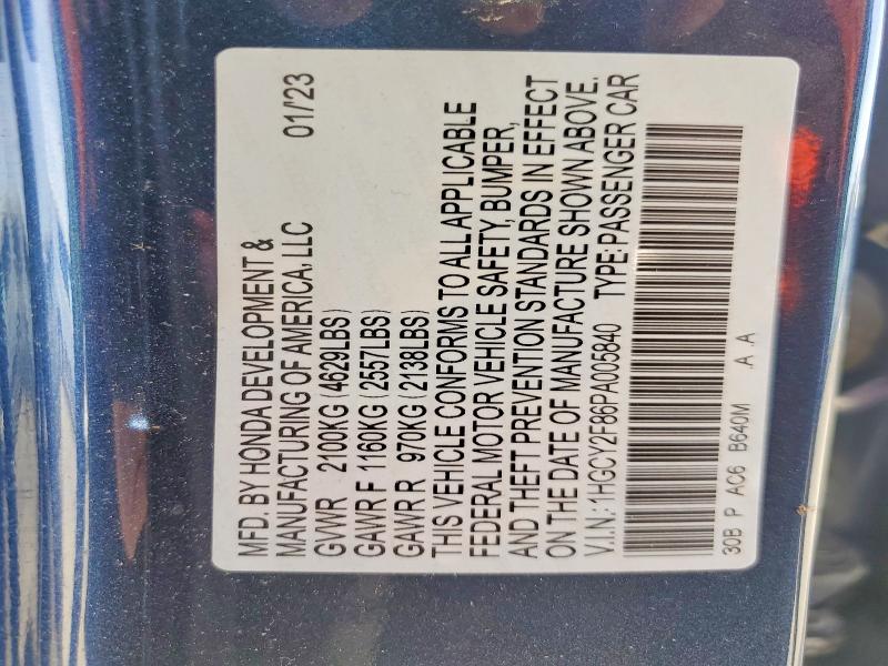 58664106 :رقم المزاد ، 1HGCY2F86PA005840 vin ، 2023 Honda Accord مزاد بيع