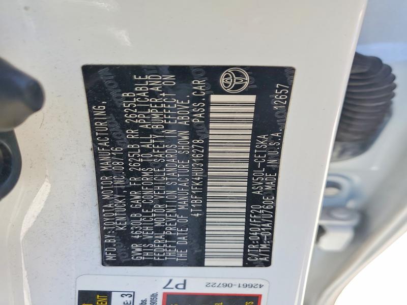 2017 Toyota Camry მანქანა იყიდება აუქციონზე, vin: 4T1BF1FK4HU316278, აუქციონის ნომერი: 59077386