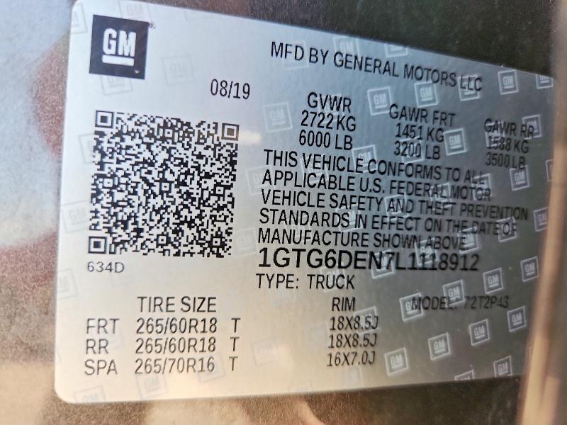 Aukcja sprzedaży 2020 Gmc Canyon, vin: 1GTG6DEN7L1118912, numer aukcji: 58087946
