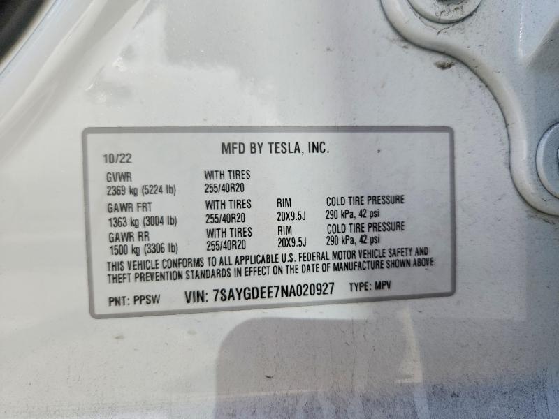 Aukcja sprzedaży 2022 Tesla Model Y, vin: 7SAYGDEE7NA020927, numer aukcji: 55934386