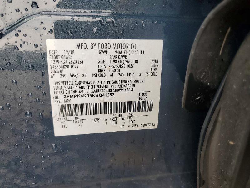 2019 Ford Edge მანქანა იყიდება აუქციონზე, vin: 2FMPK4K95KBB41283, აუქციონის ნომერი: 58745146