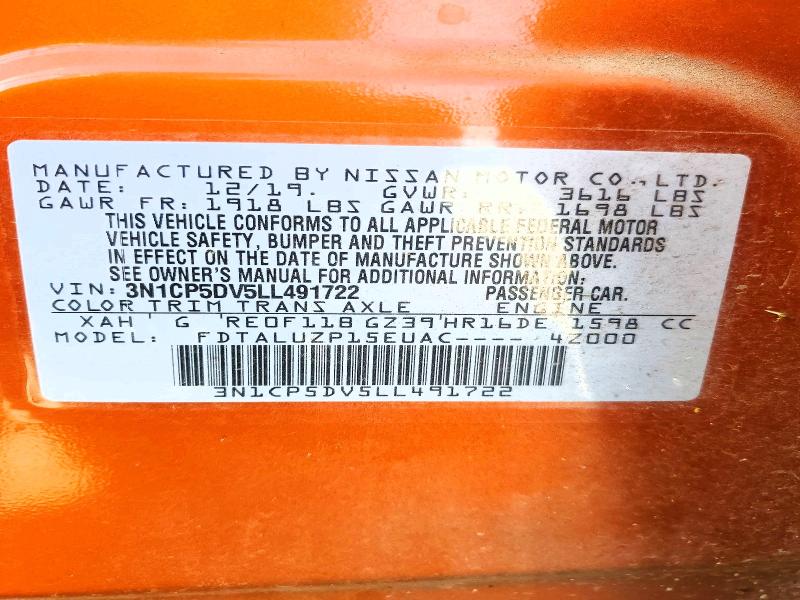 2020 Nissan Kicks მანქანა იყიდება აუქციონზე, vin: 3N1CP5DV5LL491722, აუქციონის ნომერი: 57724146