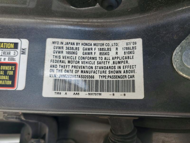 Aukcja sprzedaży 2010 Honda Insight, vin: JHMZE2H57AS020366, numer aukcji: 58955176