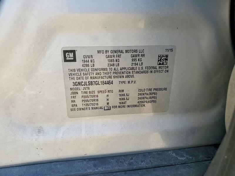 Aukcja sprzedaży 2016 Chevrolet Trax, vin: 3GNCJLSB7GL184464, numer aukcji: 57005336