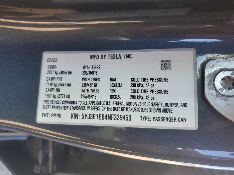 Auction sale of the 2022 Tesla Model 3, vin: 5YJ3E1EB4NF339450, lot number: 57461476