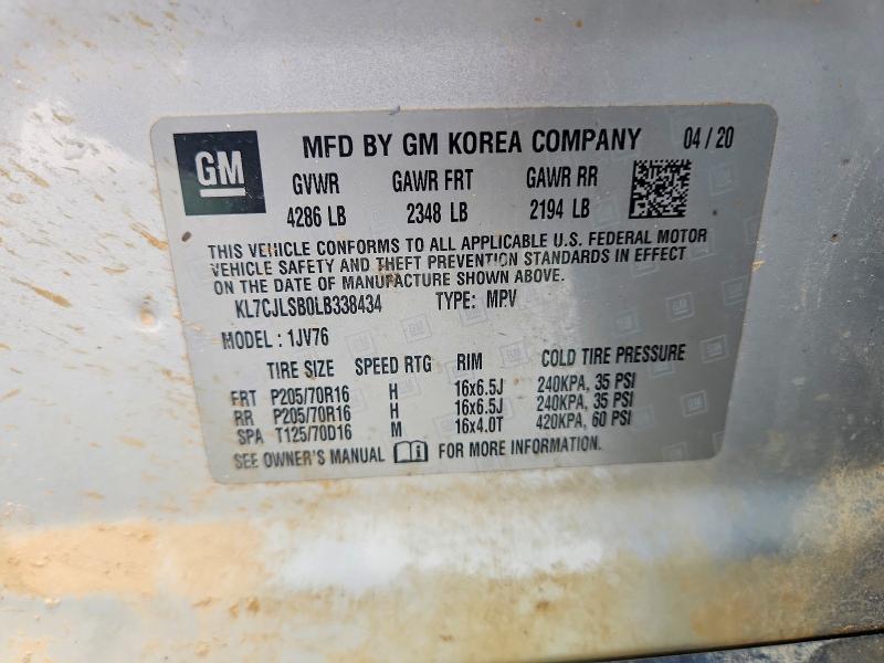 2020 Chevrolet Trax მანქანა იყიდება აუქციონზე, vin: KL7CJLSB0LB338434, აუქციონის ნომერი: 58018316