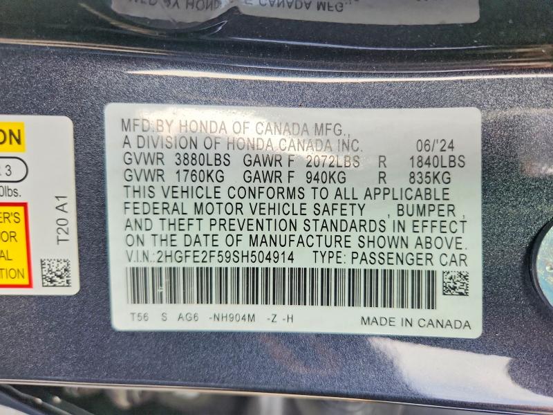 55993596 :رقم المزاد ، 2HGFE2F59SH504914 vin ، 2025 Honda Civic مزاد بيع