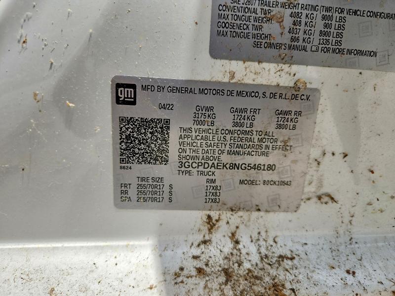 Aukcja sprzedaży 2022 Chevrolet Silverado, vin: 3GCPDAEK8NG546180, numer aukcji: 56287186