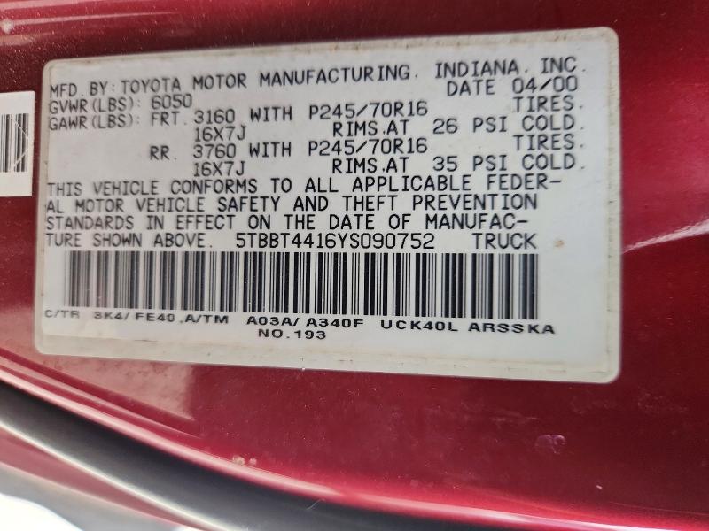 2000 Toyota Tundra მანქანა იყიდება აუქციონზე, vin: 5TBBT4416YS090752, აუქციონის ნომერი: 54167456