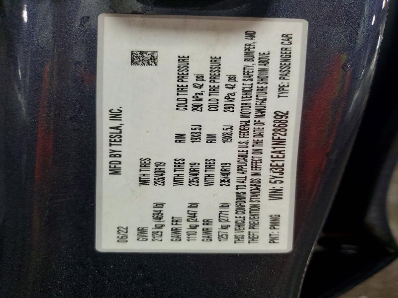 Продажа на аукционе авто 2022 Tesla Model 3, vin: 5YJ3E1EA1NF286892, номер лота: 55716676