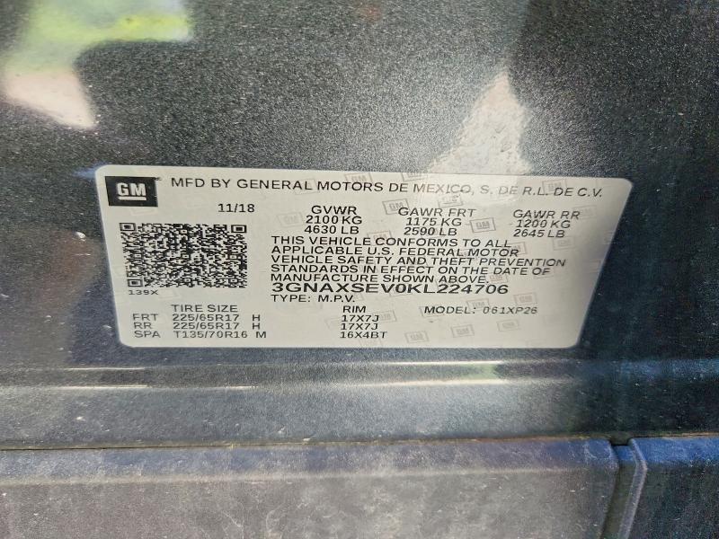 57081606 :رقم المزاد ، 3GNAXSEV0KL224706 vin ، 2019 Chevrolet Equinox مزاد بيع