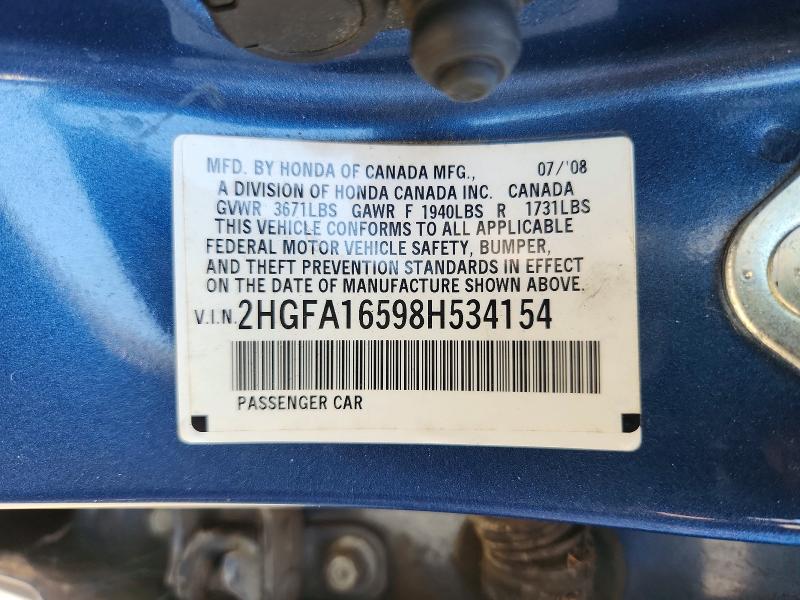 57531406 :رقم المزاد ، 2HGFA16598H534154 vin ، 2008 Honda Civic مزاد بيع
