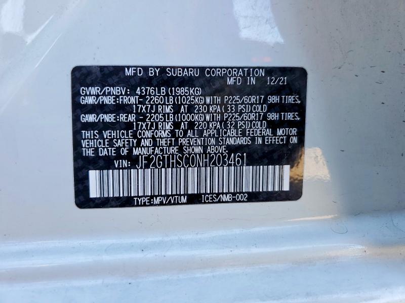2022 Subaru Crosstrek მანქანა იყიდება აუქციონზე, vin: JF2GTHSC0NH203461, აუქციონის ნომერი: 58153206