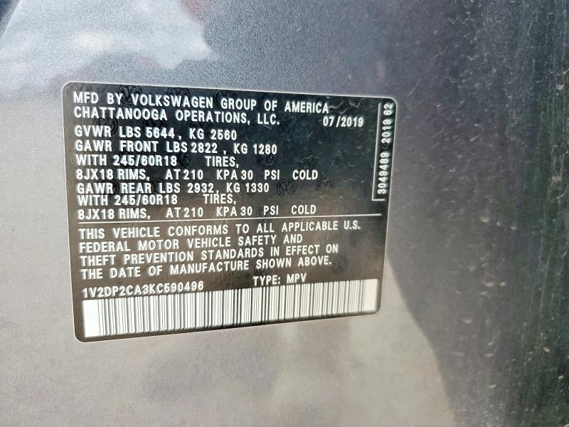 Продаж на аукціоні авто 2019 Volkswagen Atlas, vin: 1V2DP2CA3KC590496, номер лоту: 58119126