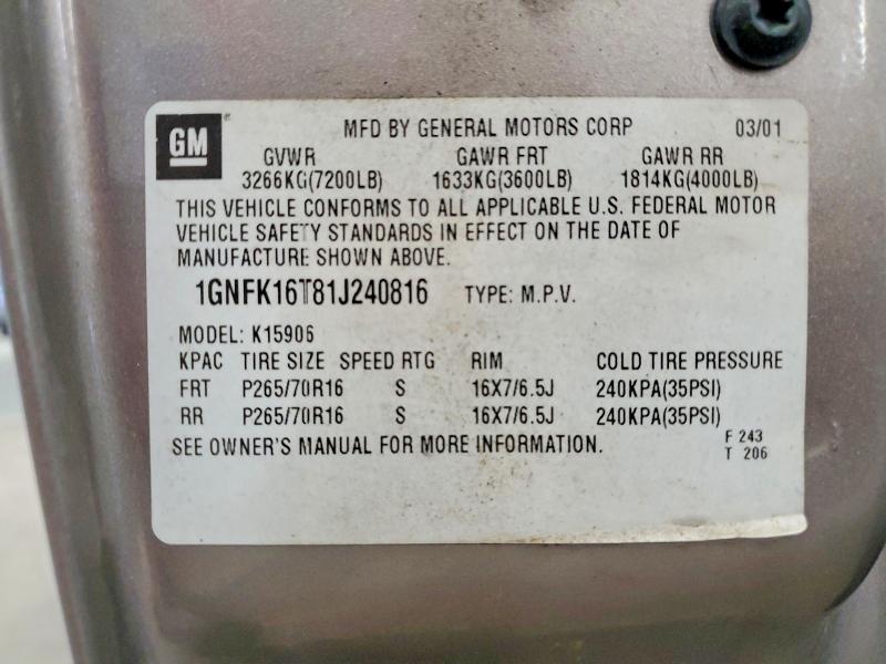 57825826 :رقم المزاد ، 1GNFK16T81J240816 vin ، 2001 Chevrolet Suburban مزاد بيع