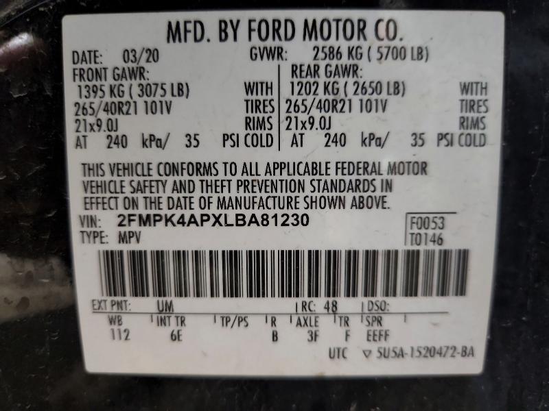 55890796 :رقم المزاد ، 2FMPK4APXLBA81230 vin ، 2020 Ford Edge مزاد بيع