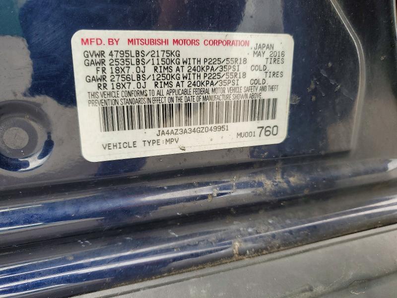 58095976 :رقم المزاد ، JA4AZ3A34GZ049951 vin ، 2016 Mitsubishi Outlander مزاد بيع