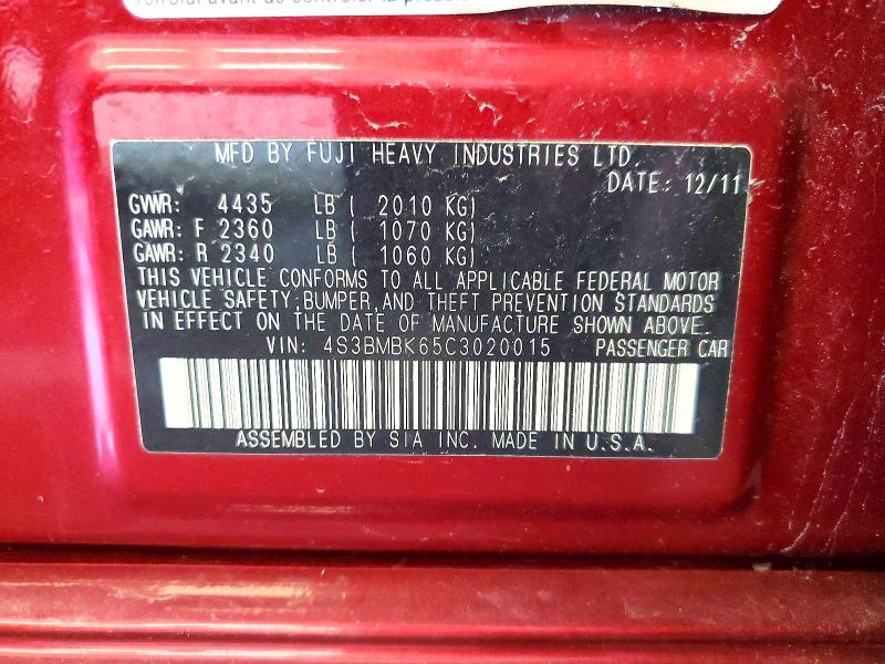 58543546 :رقم المزاد ، 4S3BMBK65C3020015 vin ، 2012 Subaru Legacy مزاد بيع