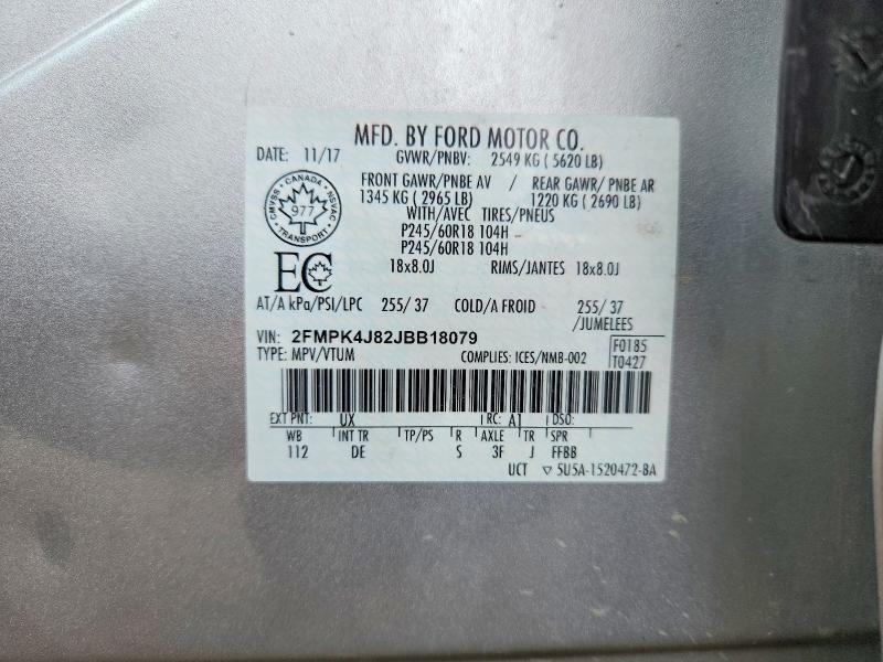 58275636 :رقم المزاد ، 2FMPK4J82JBB18079 vin ، 2018 Ford Edge مزاد بيع