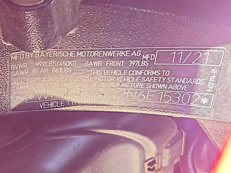 2022 Bmw S 1000 მანქანა იყიდება აუქციონზე, vin: WB10E4302N6F15302, აუქციონის ნომერი: 55768956