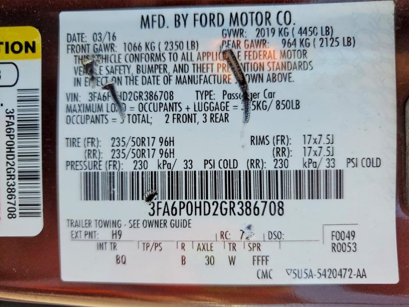 55988146 :رقم المزاد ، 3FA6P0HD2GR386708 vin ، 2016 Ford Fusion مزاد بيع