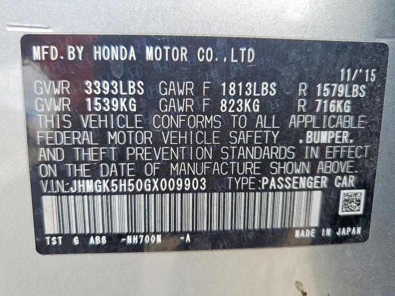 Auction sale of the 2016 Honda Fit, vin: JHMGK5H50GX009903, lot number: 57586386