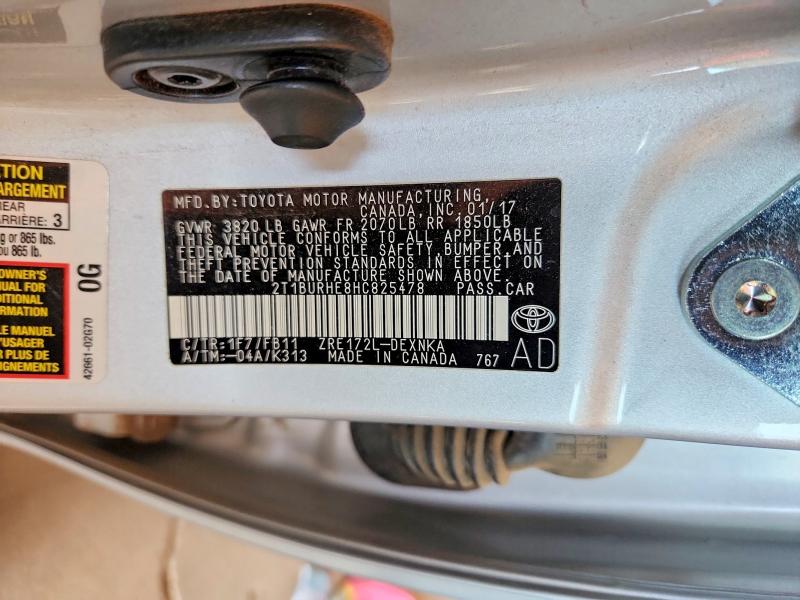 Продаж на аукціоні авто 2017 Toyota Corolla, vin: 2T1BURHE8HC825478, номер лоту: 56673966