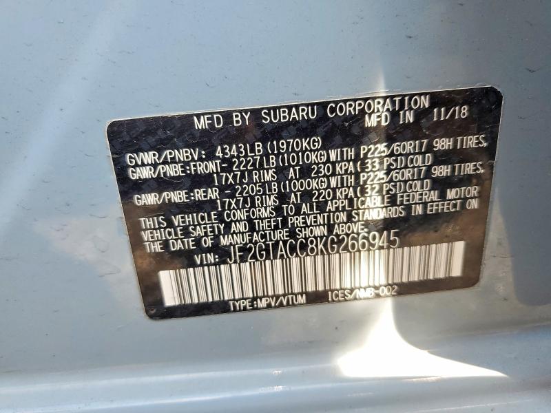 2019 Subaru Crosstrek მანქანა იყიდება აუქციონზე, vin: JF2GTACC8KG266945, აუქციონის ნომერი: 56958026