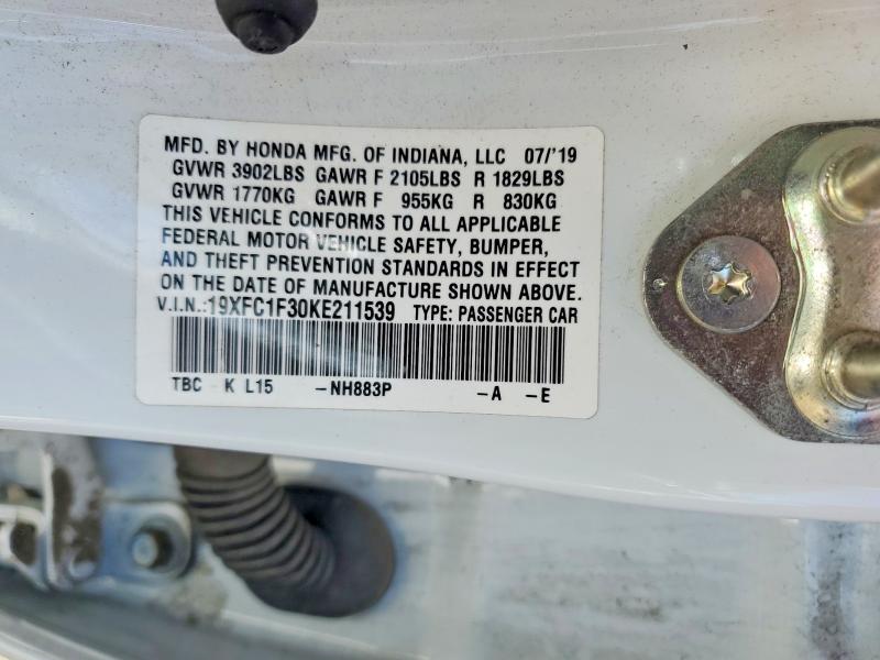 Aukcja sprzedaży 2019 Honda Civic, vin: 19XFC1F30KE211539, numer aukcji: 56794256
