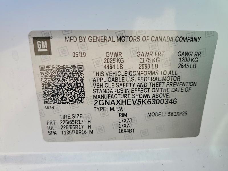 Aukcja sprzedaży 2019 Chevrolet Equinox, vin: 2GNAXHEV5K6300346, numer aukcji: 58175336