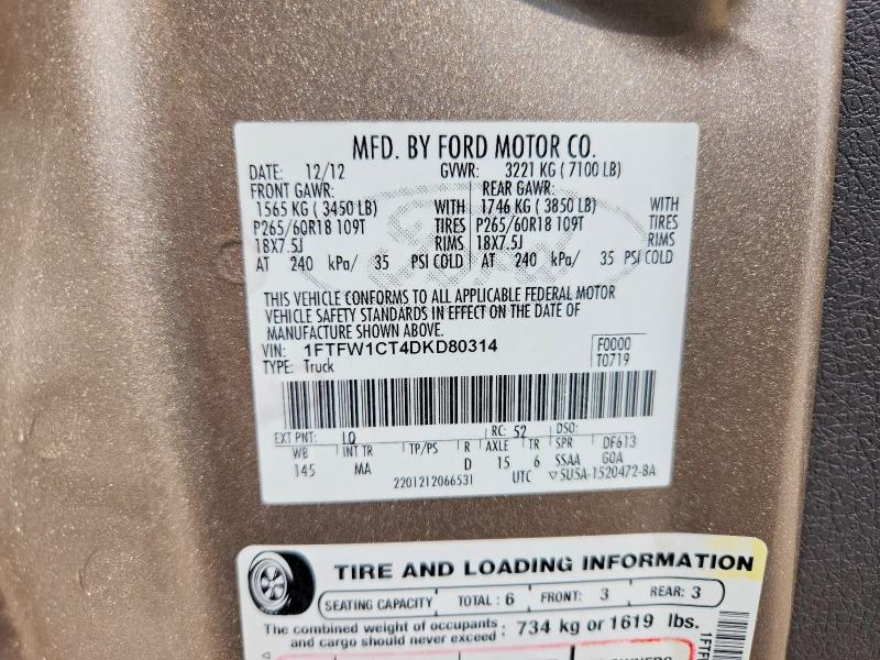 Aukcja sprzedaży 2013 Ford F150, vin: 1FTFW1CT4DKD80314, numer aukcji: 58814076