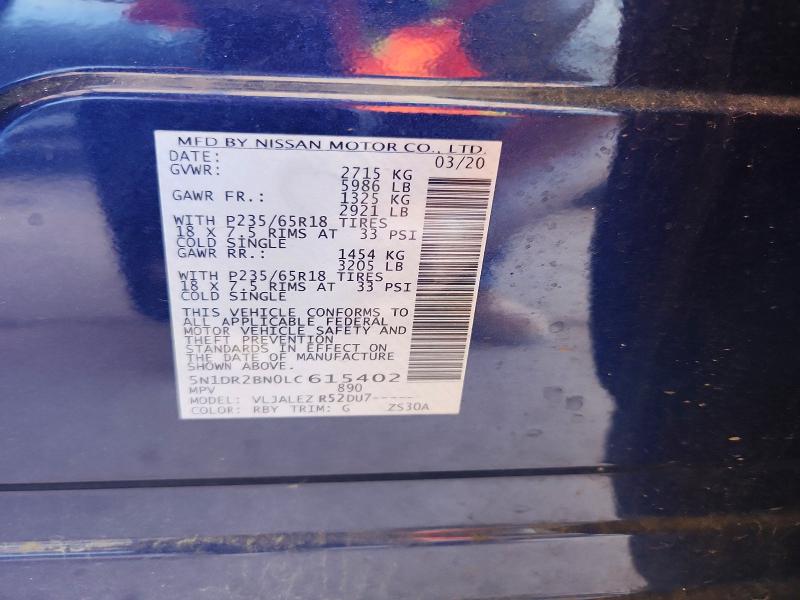 57075466 :رقم المزاد ، 5N1DR2BN0LC615402 vin ، 2020 Nissan Pathfinder مزاد بيع