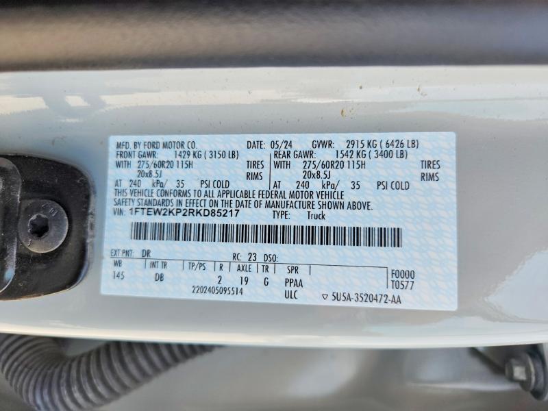 58188816 :رقم المزاد ، 1FTEW2KP2RKD85217 vin ، 2024 Ford F150 مزاد بيع
