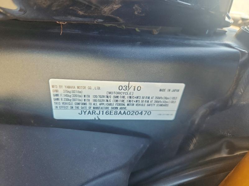 2010 Yamaha Yzfr6 მანქანა იყიდება აუქციონზე, vin: JYARJ16E8AA020470, აუქციონის ნომერი: 56464926