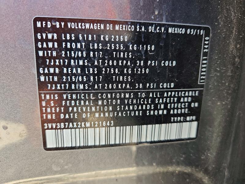 57091706 :رقم المزاد ، 3VV3B7AX2KM121643 vin ، 2019 Volkswagen Tiguan مزاد بيع