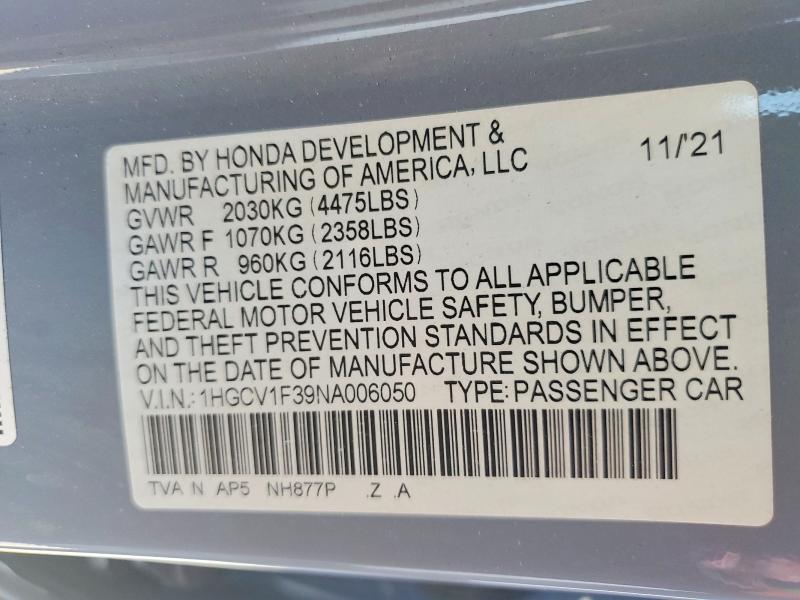 56987986 :رقم المزاد ، 1HGCV1F39NA006050 vin ، 2022 Honda Accord مزاد بيع
