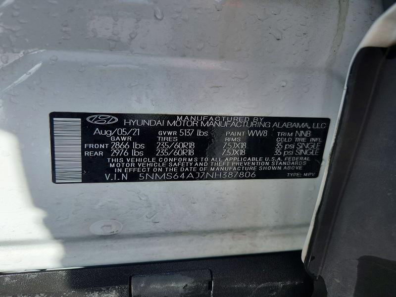 57409776 :رقم المزاد ، 5NMS64AJ7NH387806 vin ، 2022 Hyundai Santa Fe مزاد بيع