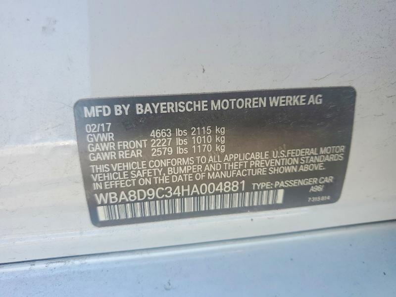2017 Bmw 330 მანქანა იყიდება აუქციონზე, vin: WBA8D9C34HA004881, აუქციონის ნომერი: 55867436