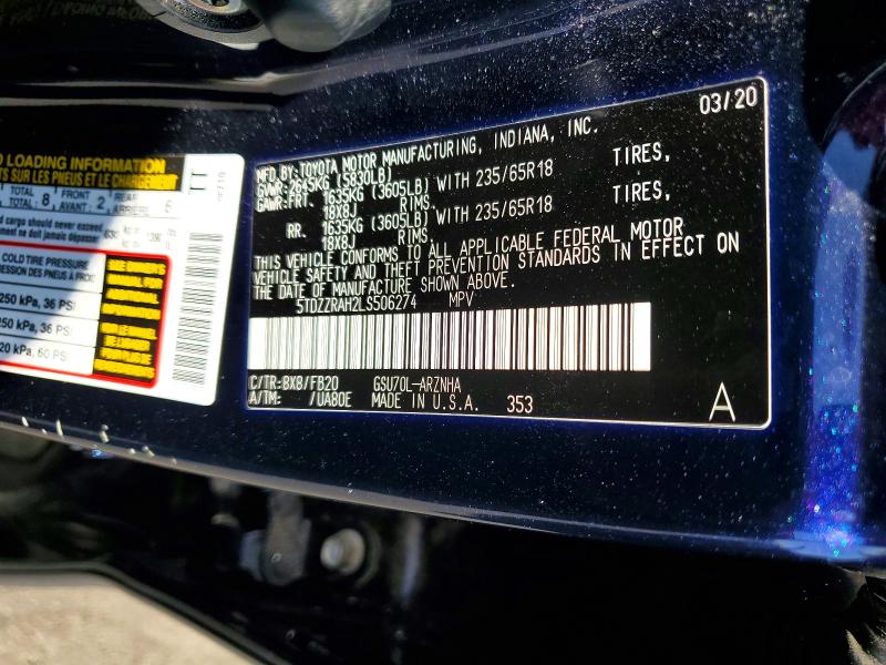 56363516 :رقم المزاد ، 5TDZZRAH2LS506274 vin ، 2020 Toyota Highlander مزاد بيع