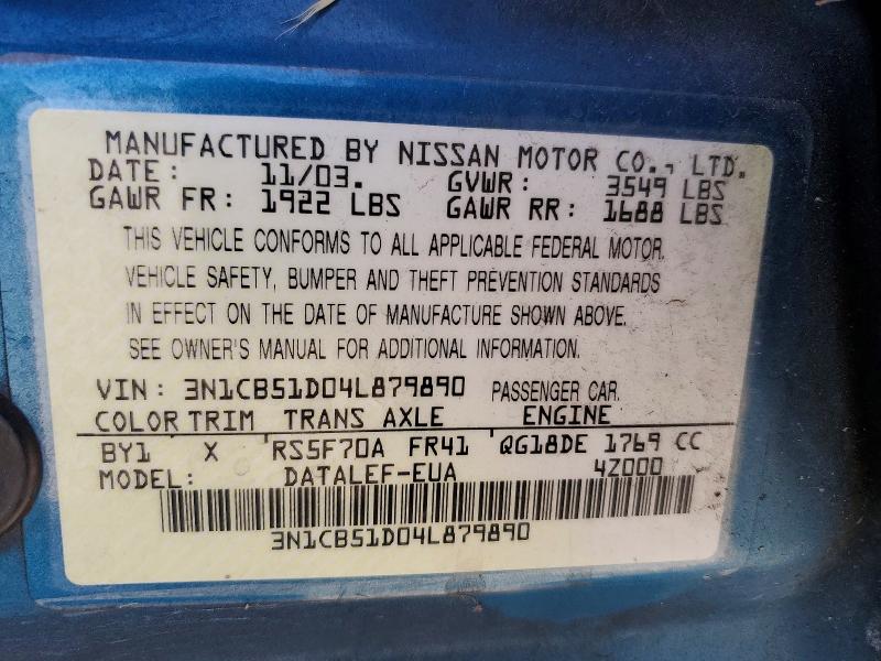 Продажа на аукционе авто 2004 Nissan Sentra, vin: 3N1CB51D04L879890, номер лота: 56036316