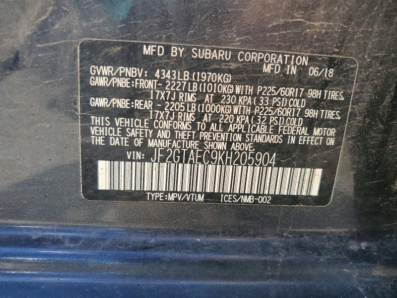 Aukcja sprzedaży 2019 Subaru Crosstrek, vin: JF2GTAEC9KH205904, numer aukcji: 58618856