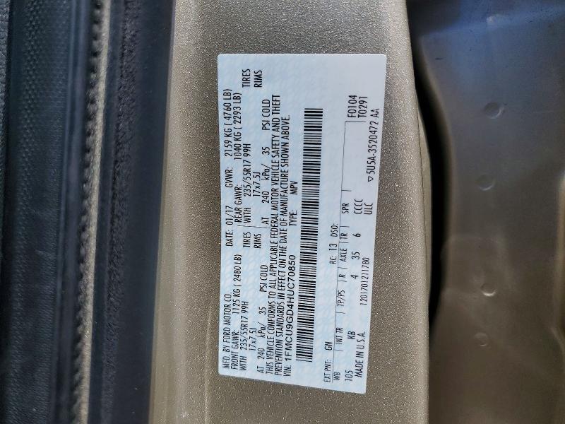 2017 Ford Escape მანქანა იყიდება აუქციონზე, vin: 1FMCU9GD4HUC70850, აუქციონის ნომერი: 56940706