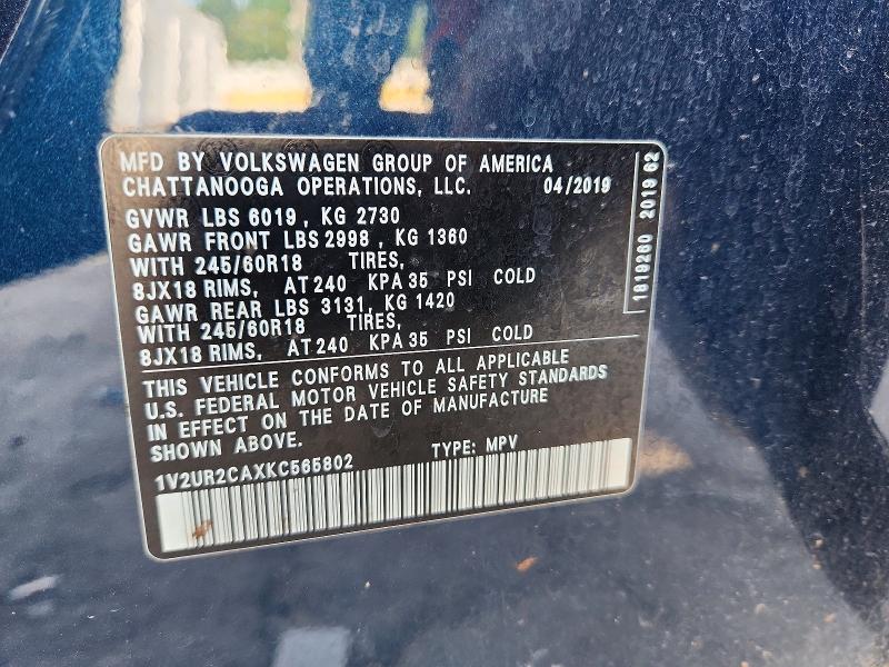 Aukcja sprzedaży 2019 Volkswagen Atlas, vin: 1V2UR2CAXKC565802, numer aukcji: 52413246