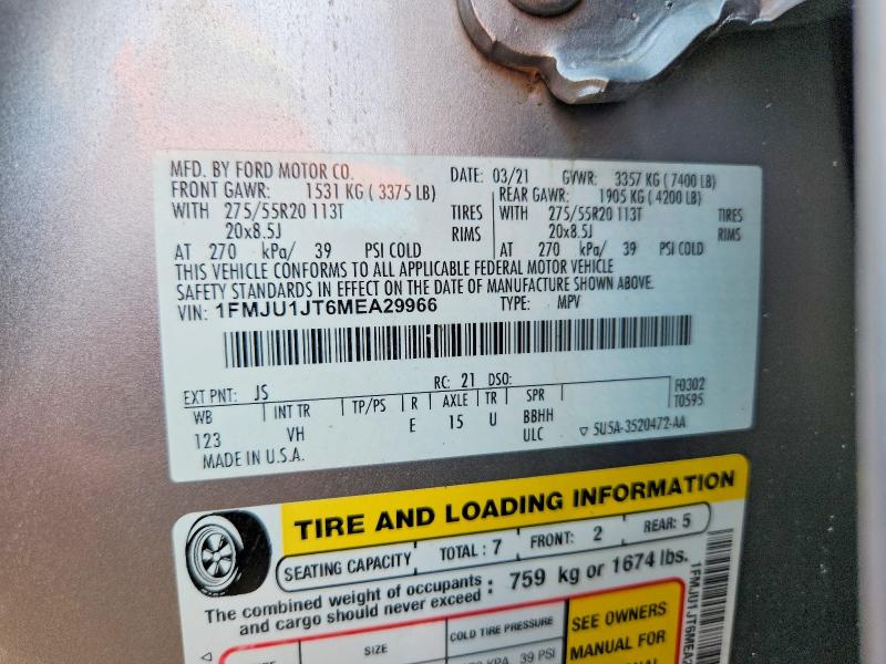 2021 Ford Expedition მანქანა იყიდება აუქციონზე, vin: 1FMJU1JT6MEA29966, აუქციონის ნომერი: 55320366