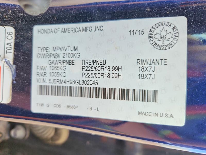 2016 Honda Cr-v მანქანა იყიდება აუქციონზე, vin: 5J6RM4H98GL802045, აუქციონის ნომერი: 56102146