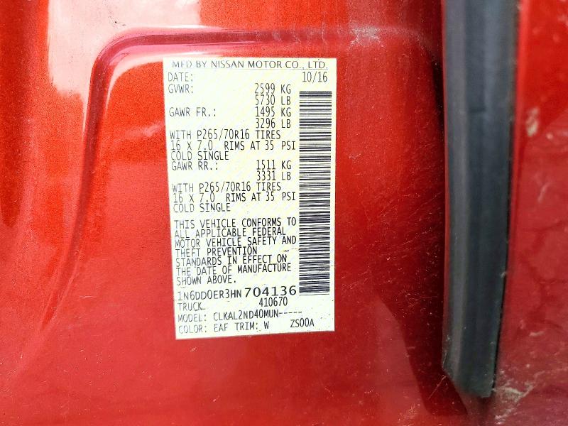58284716 :رقم المزاد ، 1N6DD0ER3HN704136 vin ، 2017 Nissan Frontier مزاد بيع