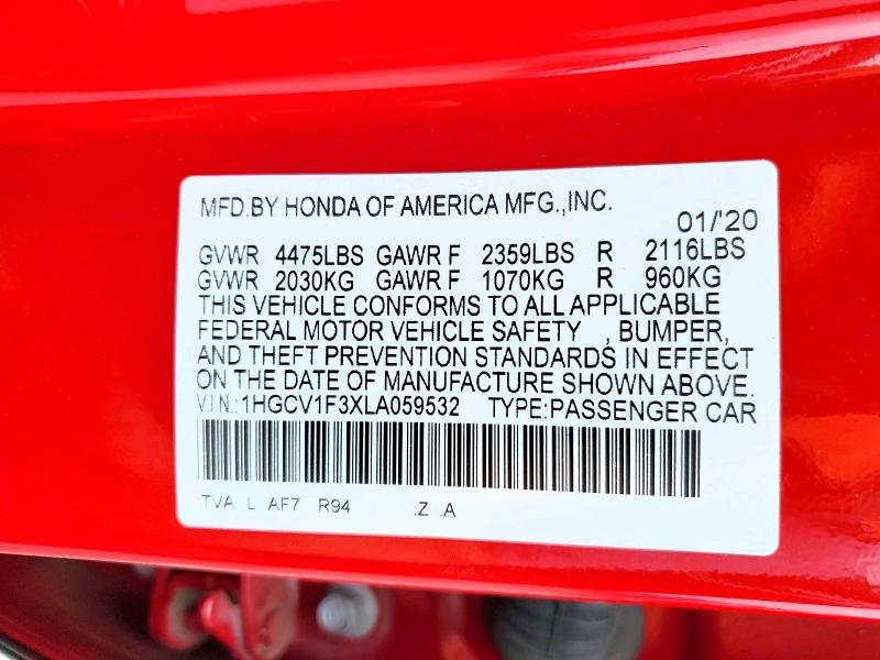 Продаж на аукціоні авто 2020 Honda Accord, vin: 1HGCV1F3XLA059532, номер лоту: 56315936