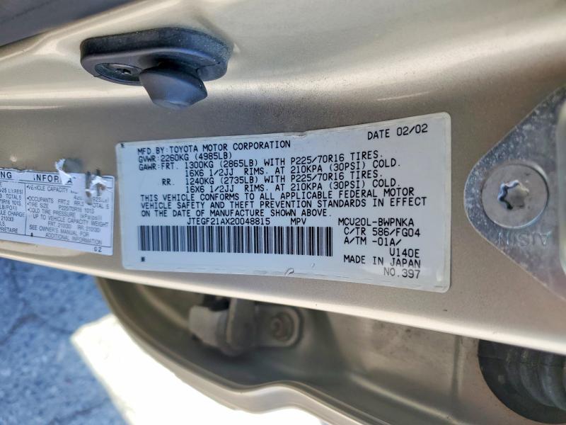 57929706 :رقم المزاد ، JTEGF21AX20048815 vin ، 2002 Toyota Highlander مزاد بيع