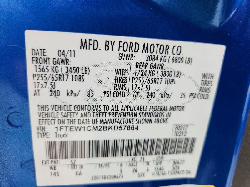 57420256 :رقم المزاد ، 1FTEW1CM2BKD57664 vin ، 2011 Ford F150 مزاد بيع