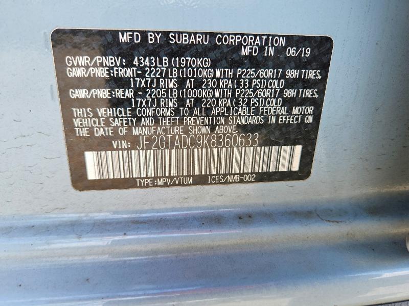 Aukcja sprzedaży 2019 Subaru Crosstrek, vin: JF2GTADC9K8360633, numer aukcji: 55783936